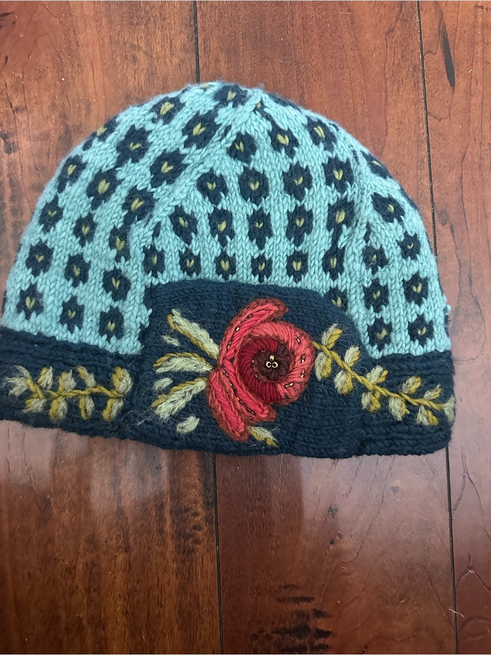 French knot wool  Floral Knit Beanie - Aqua & Navy fleece lined
